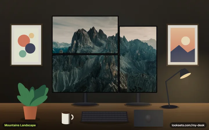Triple Mountains – Triple-monitor with 1 portrait desk setup