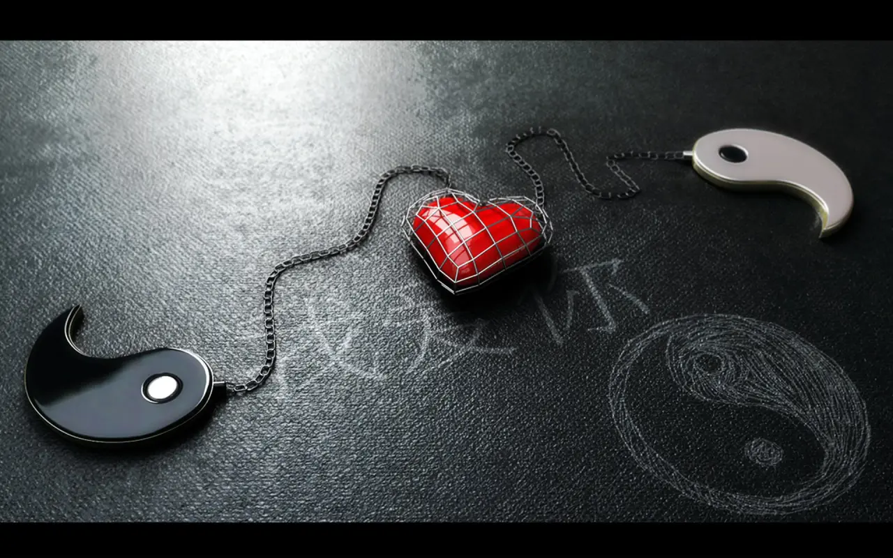 Chained Heart And Yin Yang – black and grey desktop wallpaper, 1920×1200
