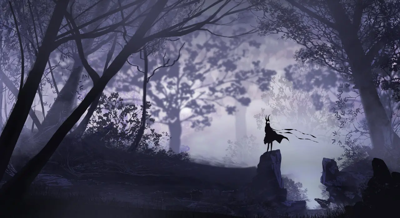 Shadow in the Mist – black and purple desktop wallpaper, 6600×3600