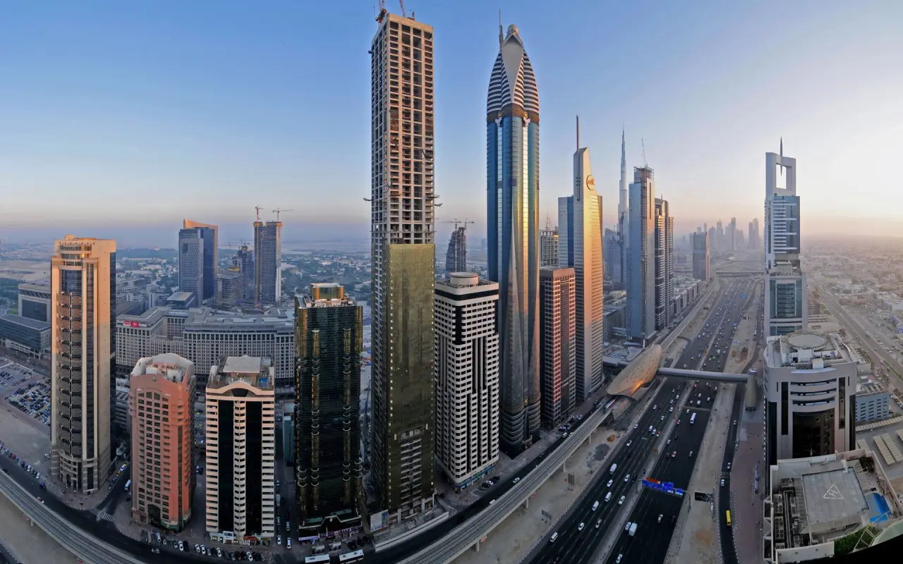 Modern Dubai Skyline Panorama – grey and blue desktop wallpaper, 1920×1200