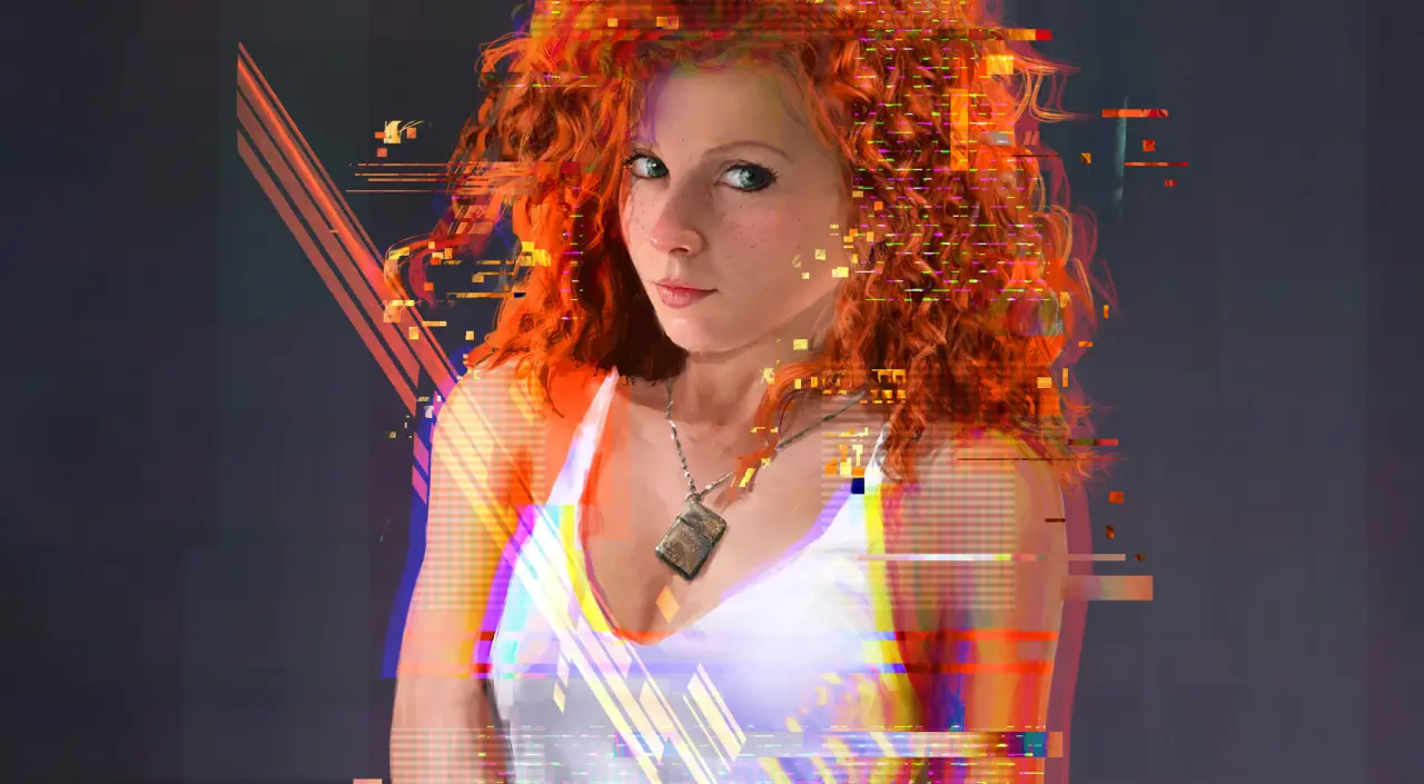 Digital Redhead Glitch – black and grey desktop wallpaper, 2044×1125