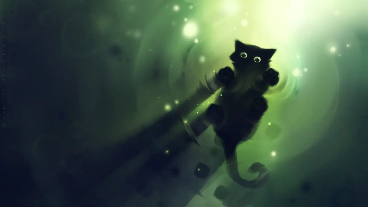 Curious Cat in Green – black and grey desktop wallpaper, 1920×1080