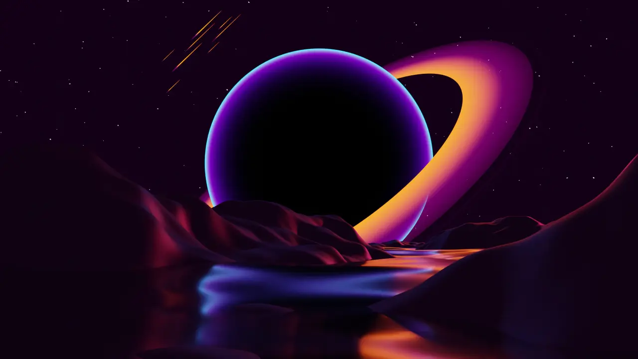 Neon Ringed Planet – black and purple desktop wallpaper, 2688×1512