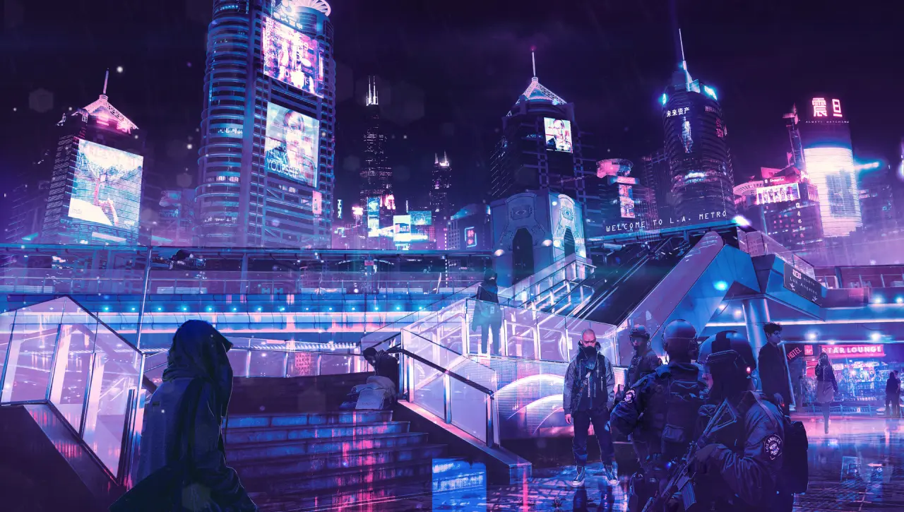 Neon Metropolis Night Rain – blue and purple desktop wallpaper, 1920×1087