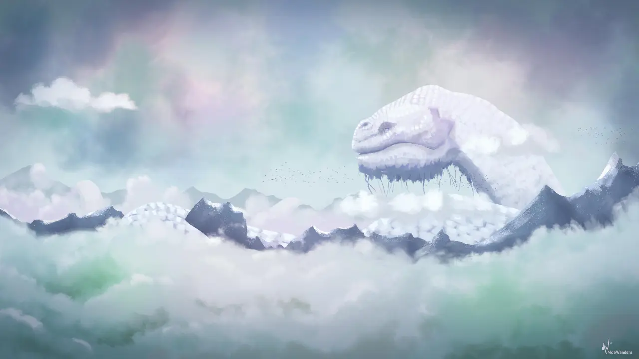 Dragon Above The Clouds – grey and white desktop wallpaper, 5120×2880