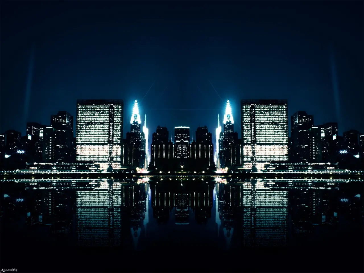 Midnight City Reflection – black and blue desktop wallpaper, 1600×1200