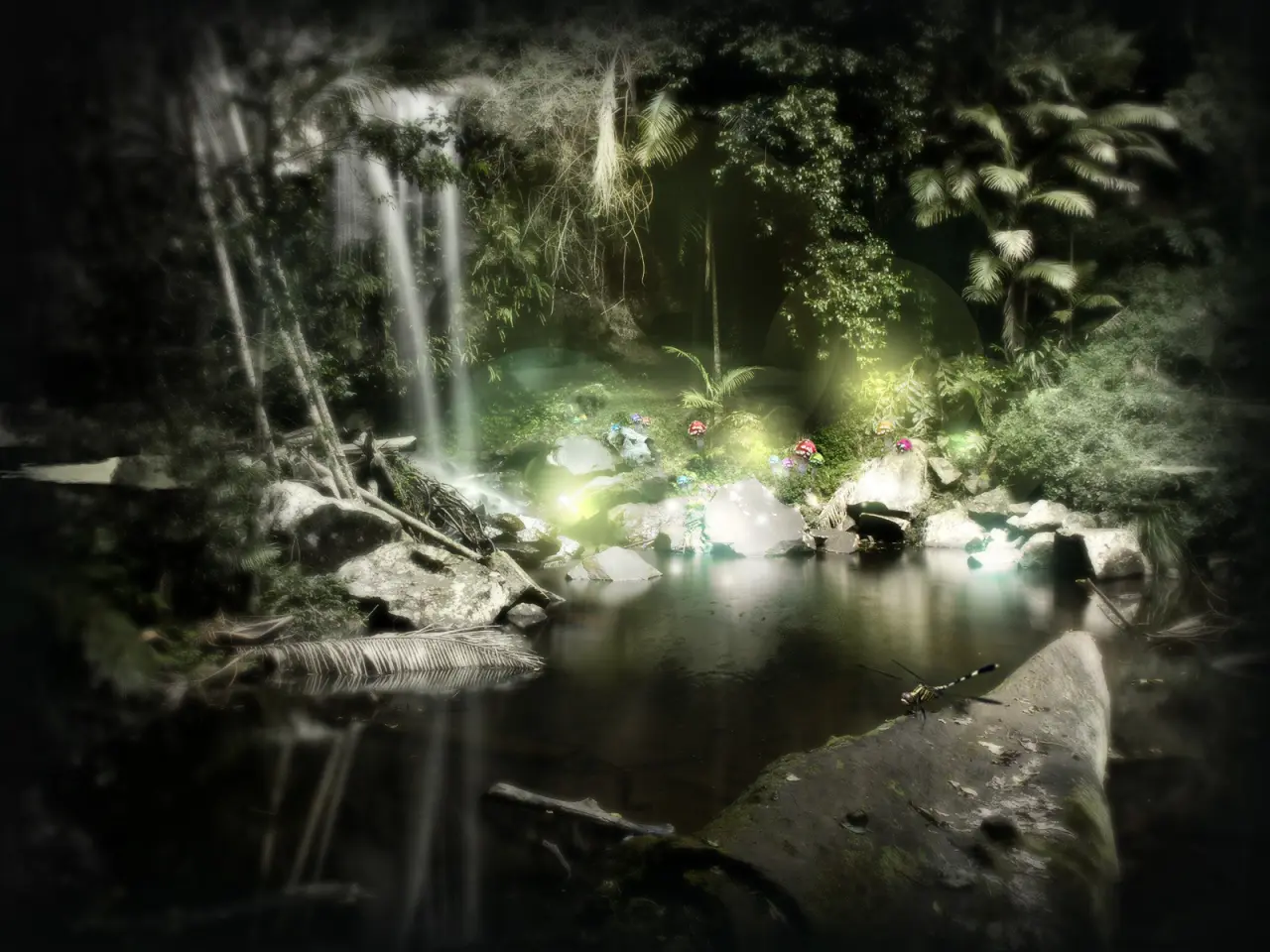 Glimmering Forest Waterfall Pool – black and grey desktop wallpaper, 1600×1200