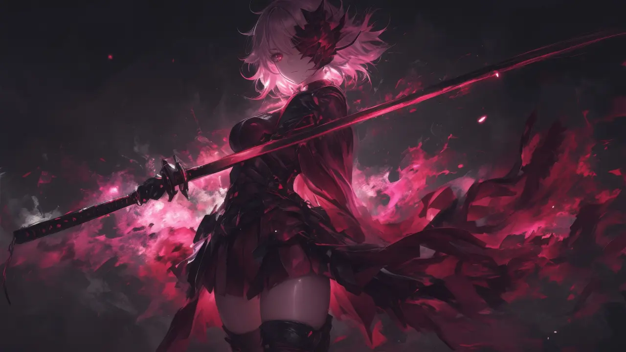 Crimson Blade Awakening – black and purple desktop wallpaper, 1920×1080