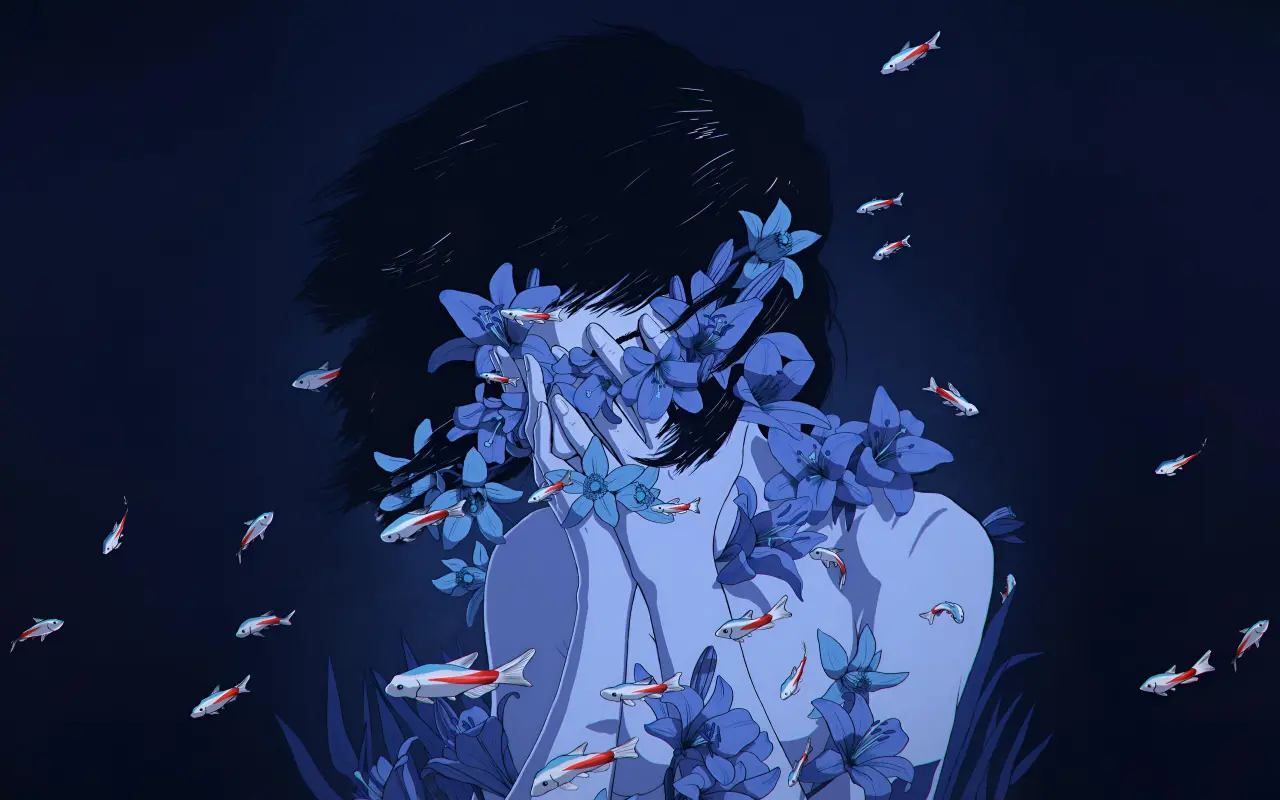Submerged in Blue Blossoms – black and blue desktop wallpaper, 3840×2400