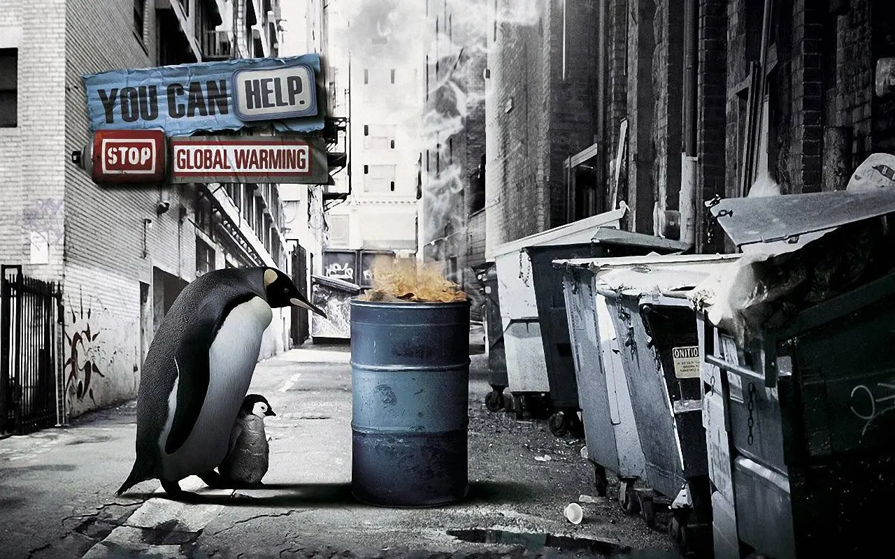 Penguins In The City – black and grey desktop wallpaper, 1280×800