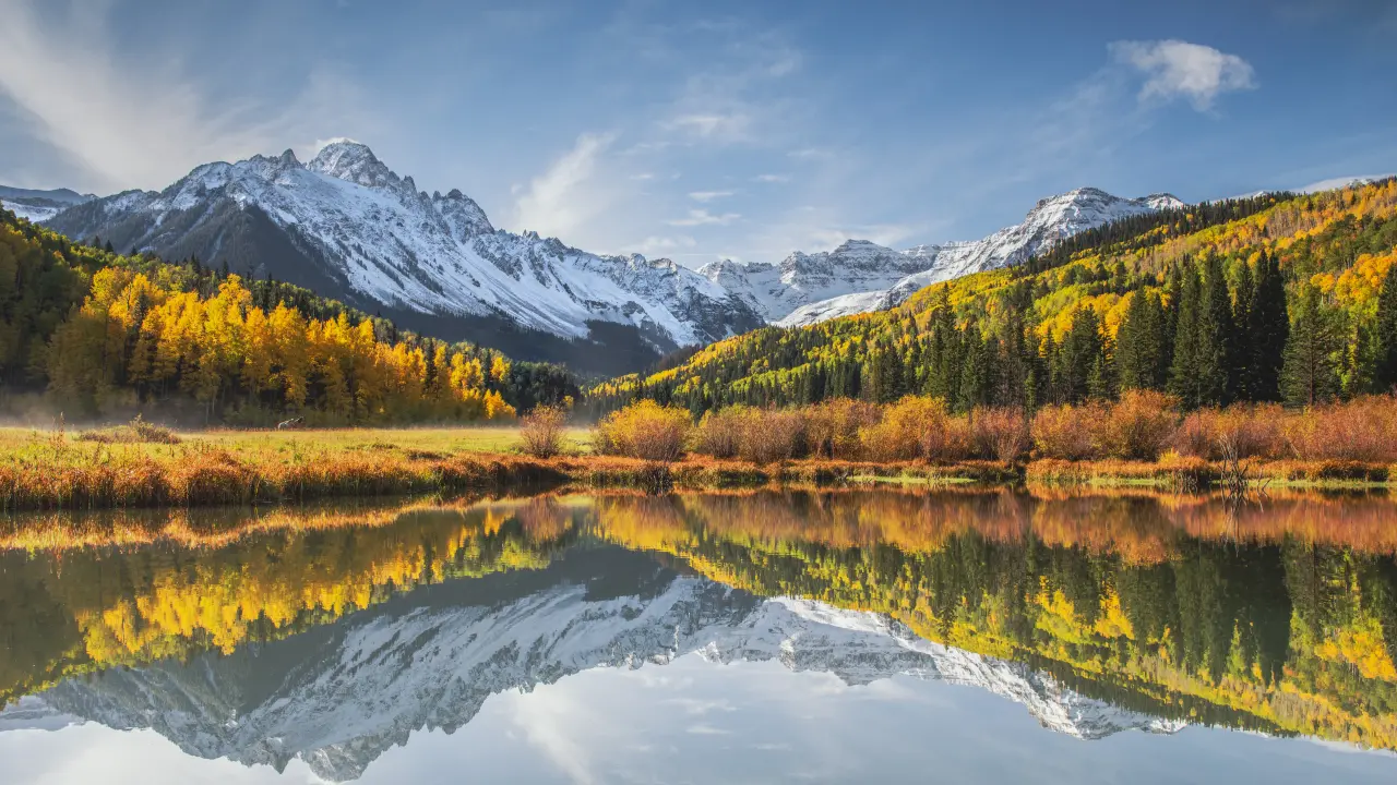 Autumn Reflection Over Alpine Lake – yellow and blue desktop wallpaper, 6144×3456