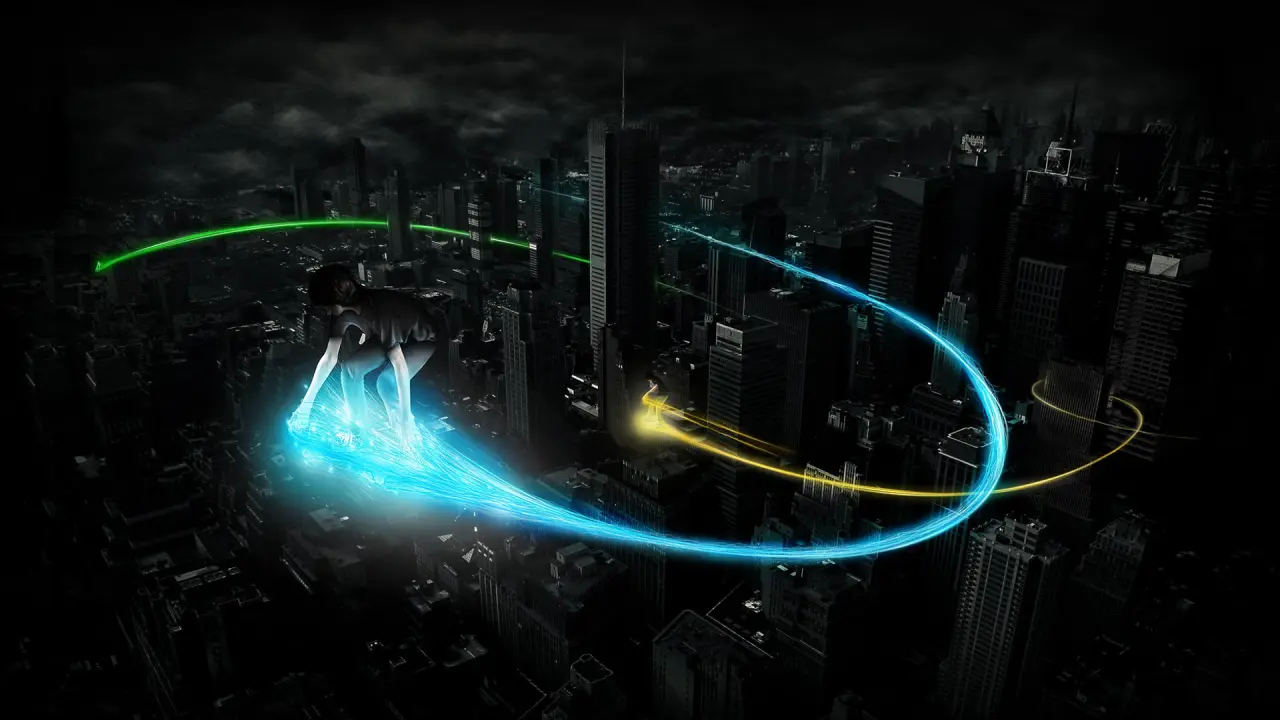 Neon Ride Over City – black and grey desktop wallpaper, 1920×1080