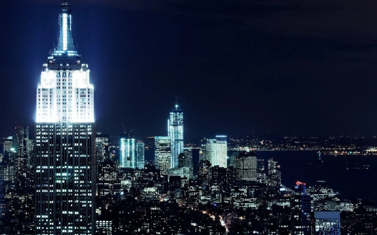 Midnight Manhattan Skyline Glow – black and blue desktop wallpaper, 1920×1200