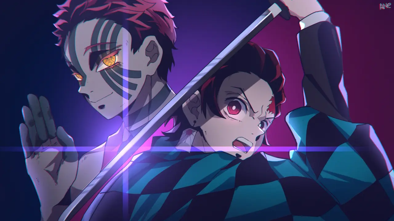Demon Slayers In Battle – blue and purple desktop wallpaper, 2920×1642