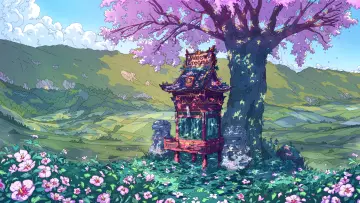 Shrine Under Cherry Blossoms wallpaper