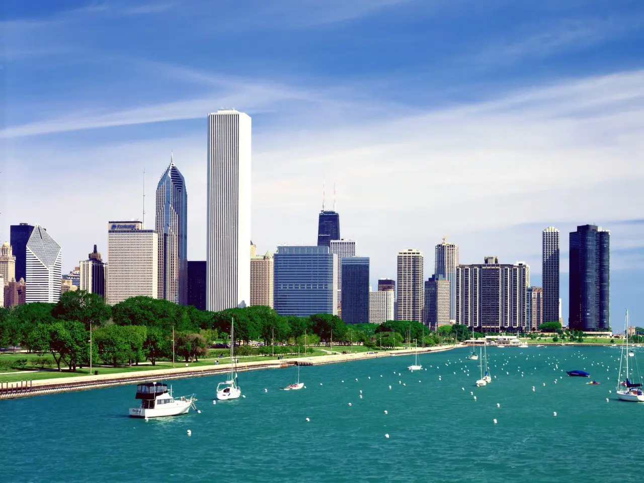 Chicago Skyline And Harbor – teal and blue desktop wallpaper, 1600×1200