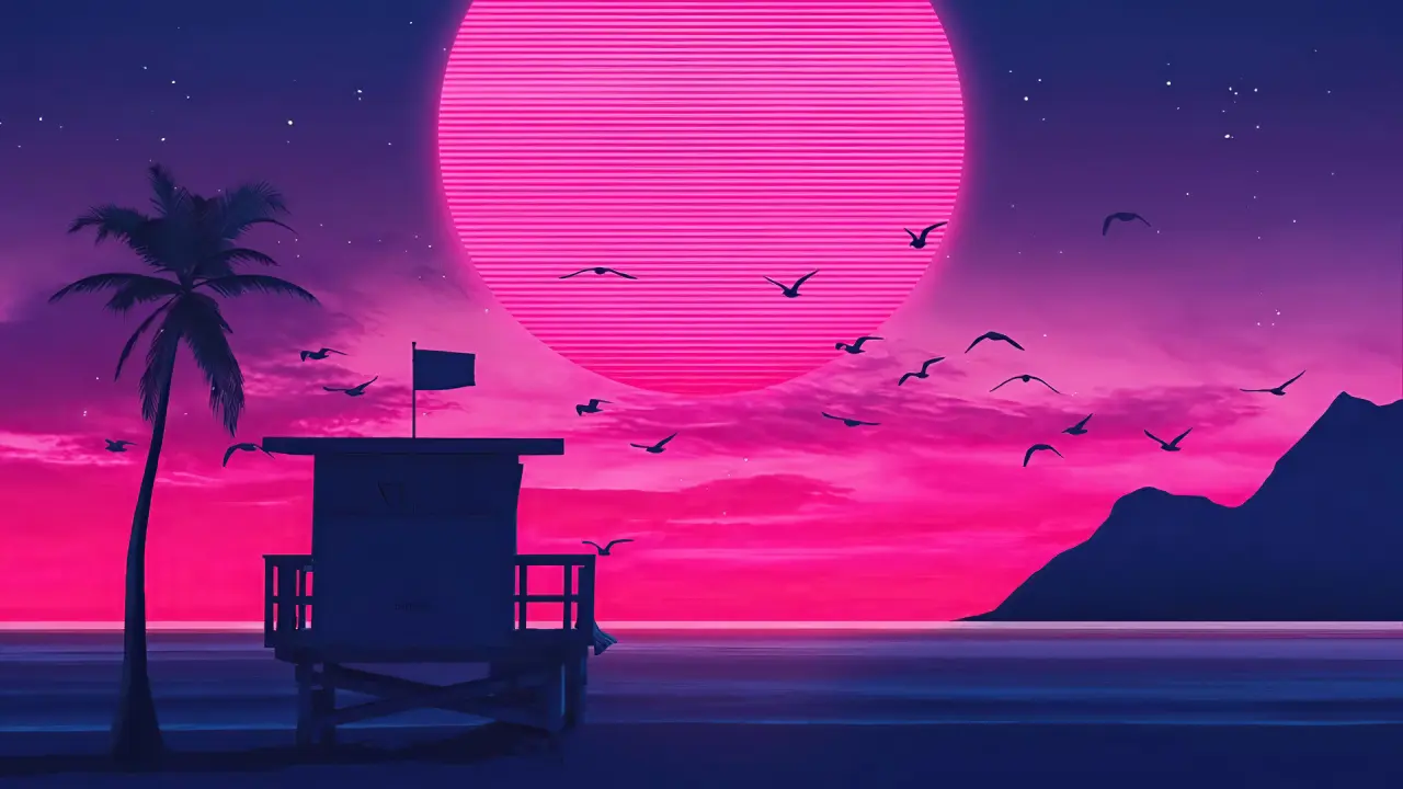 Neon Sunset Beach – blue and pink desktop wallpaper, 1920×1080