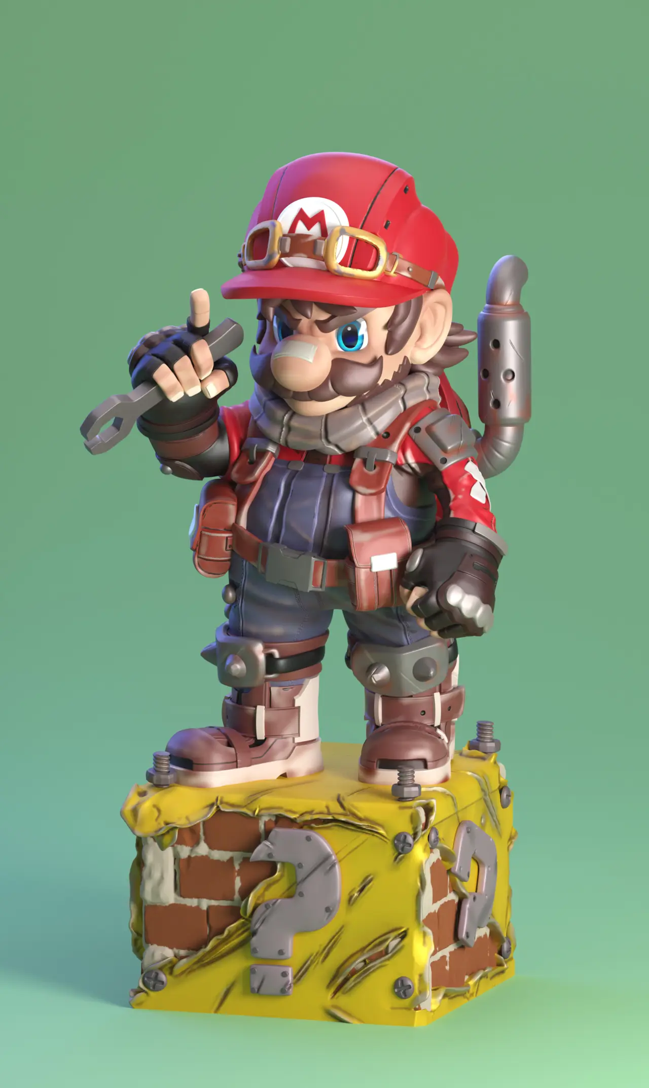 Steampunk Mario Mechanic – green and grey phone wallpaper, 1920×3218