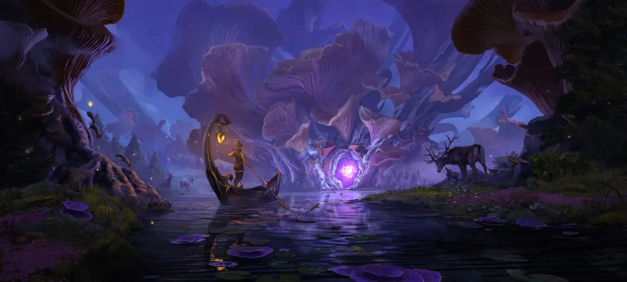 Journey Through The Shroom Forest – blue and black ultrawide wallpaper, 3840×1728