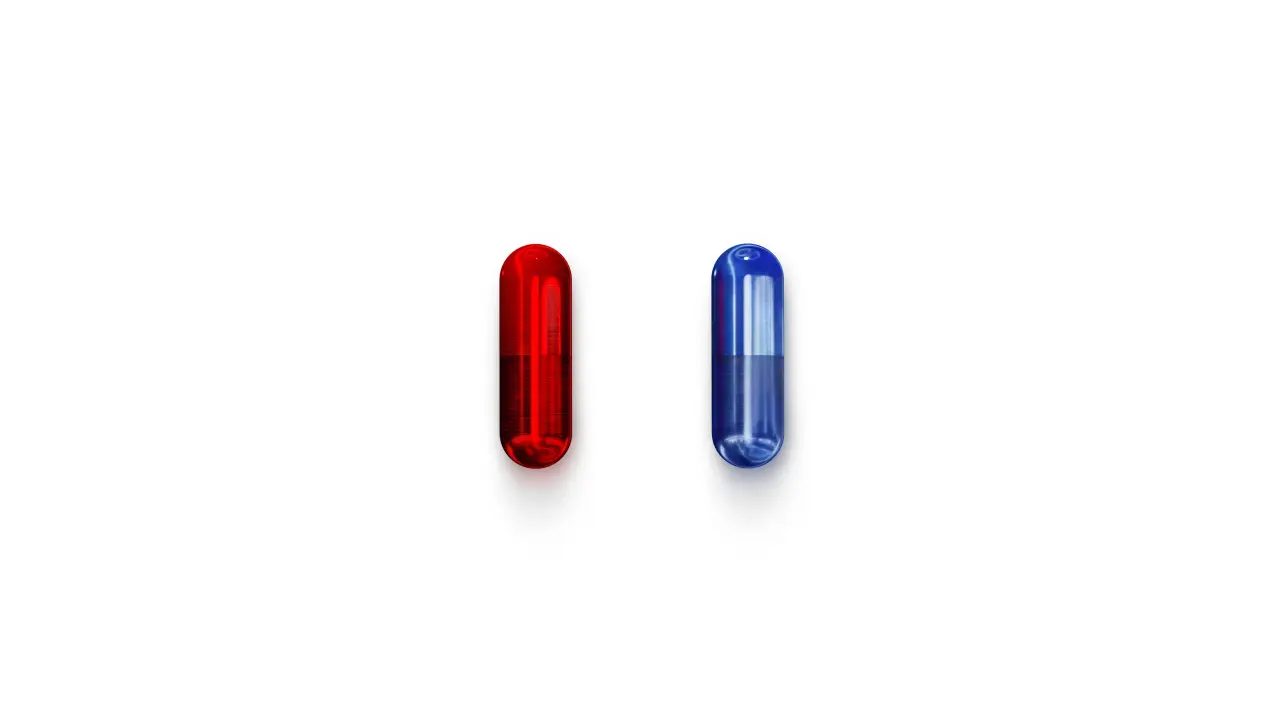 Red Or Blue Pill – white and red desktop wallpaper, 3840×2160