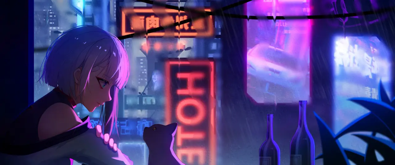 Neon Rain And Companion – blue and black ultrawide wallpaper, 3440×1440