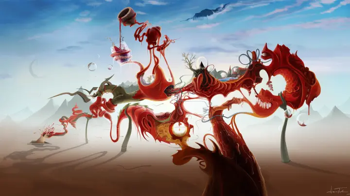 Surreal Red Dreamscape as a phone lock screen