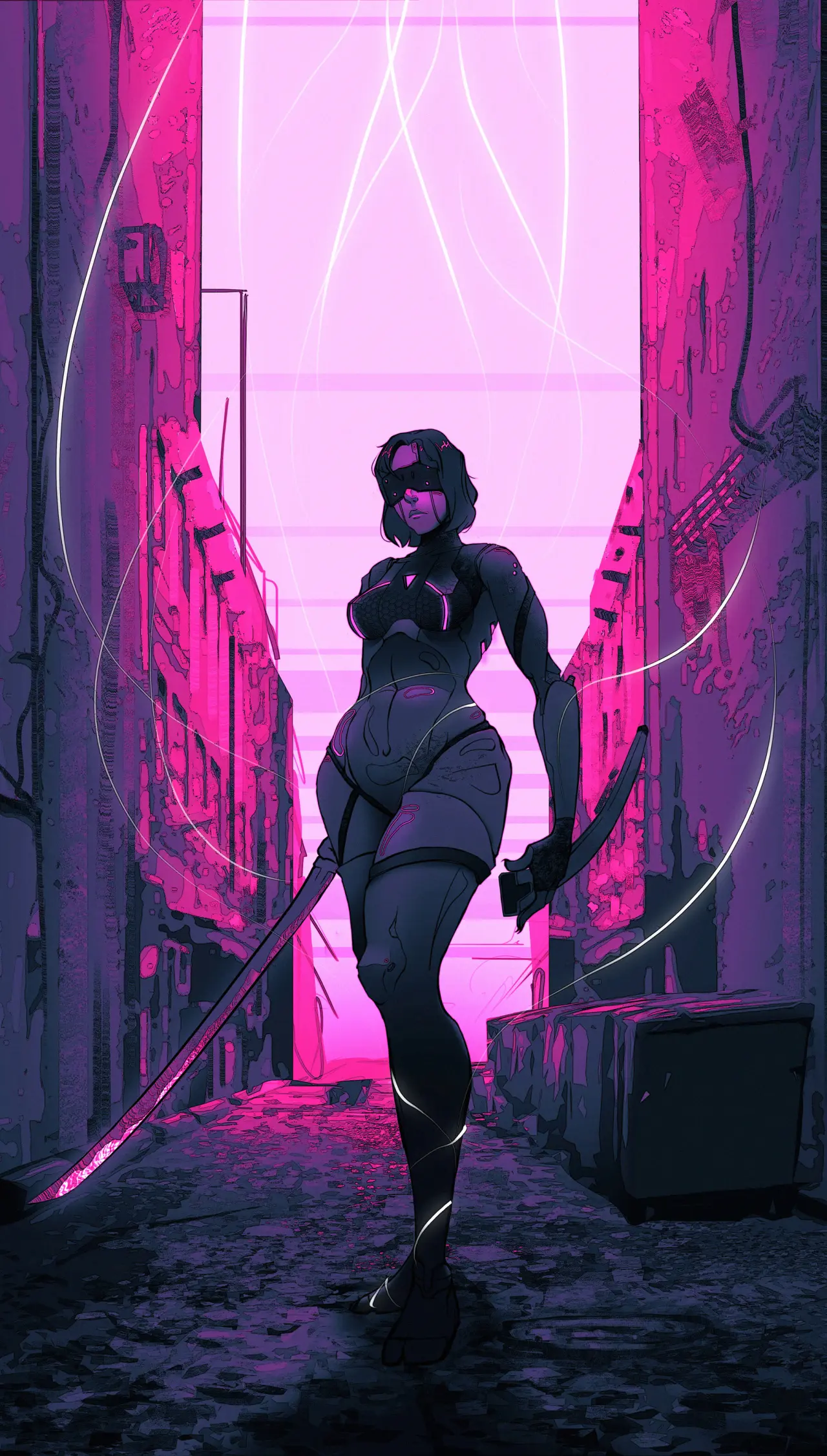Neon Alley Cyber Warrior – blue and purple phone wallpaper, 1800×3169