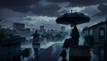 Rainy Rooftop Solitude wallpaper