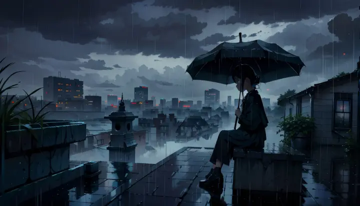 Rainy Rooftop Solitude as a phone lock screen
