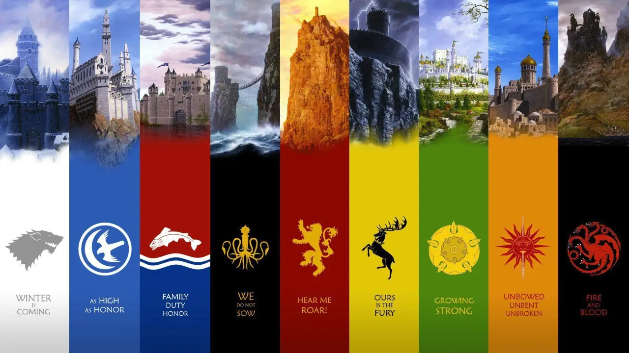 Houses of Westeros – brown and blue desktop wallpaper, 1920×1080