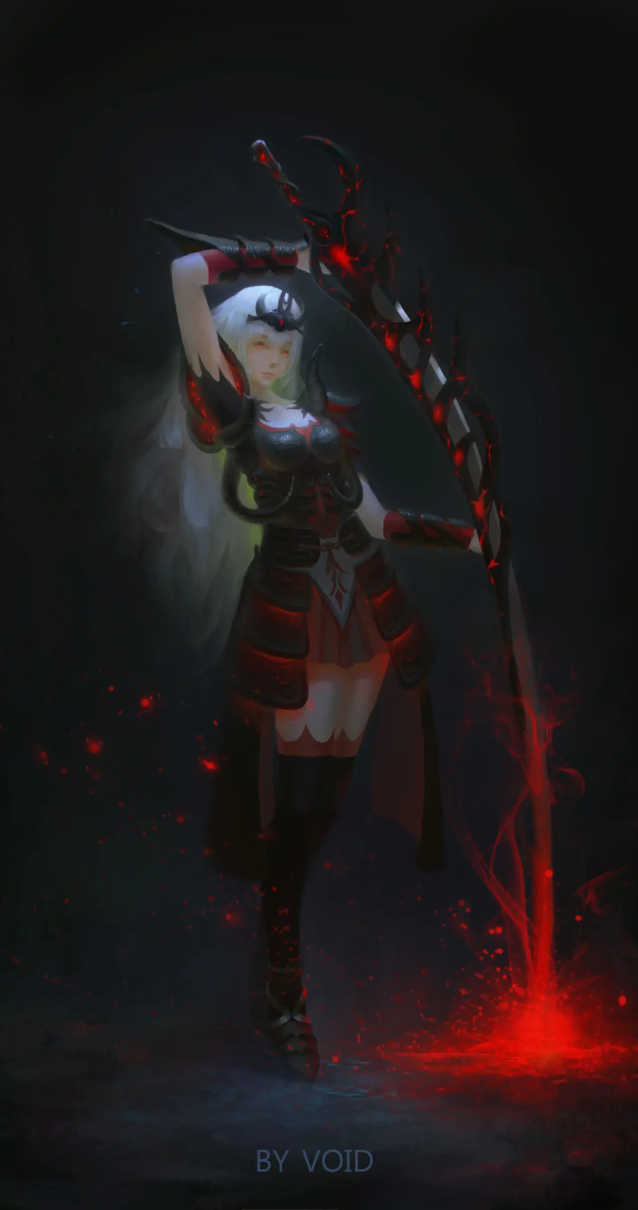 Dark Warrior with Scythe – black and red phone wallpaper, 2160×4096