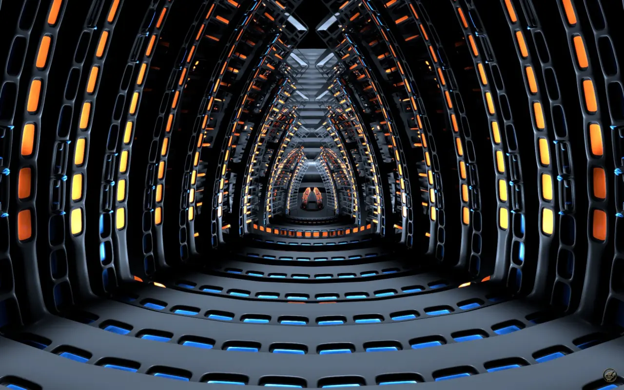 Neon Corridor Perspective – black and grey desktop wallpaper, 1920×1200