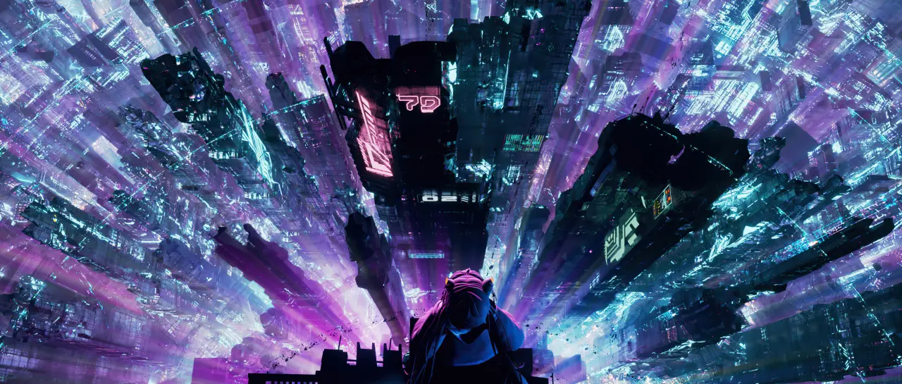 Neon Metropolis Abyss – purple and blue ultrawide wallpaper, 5072×2160