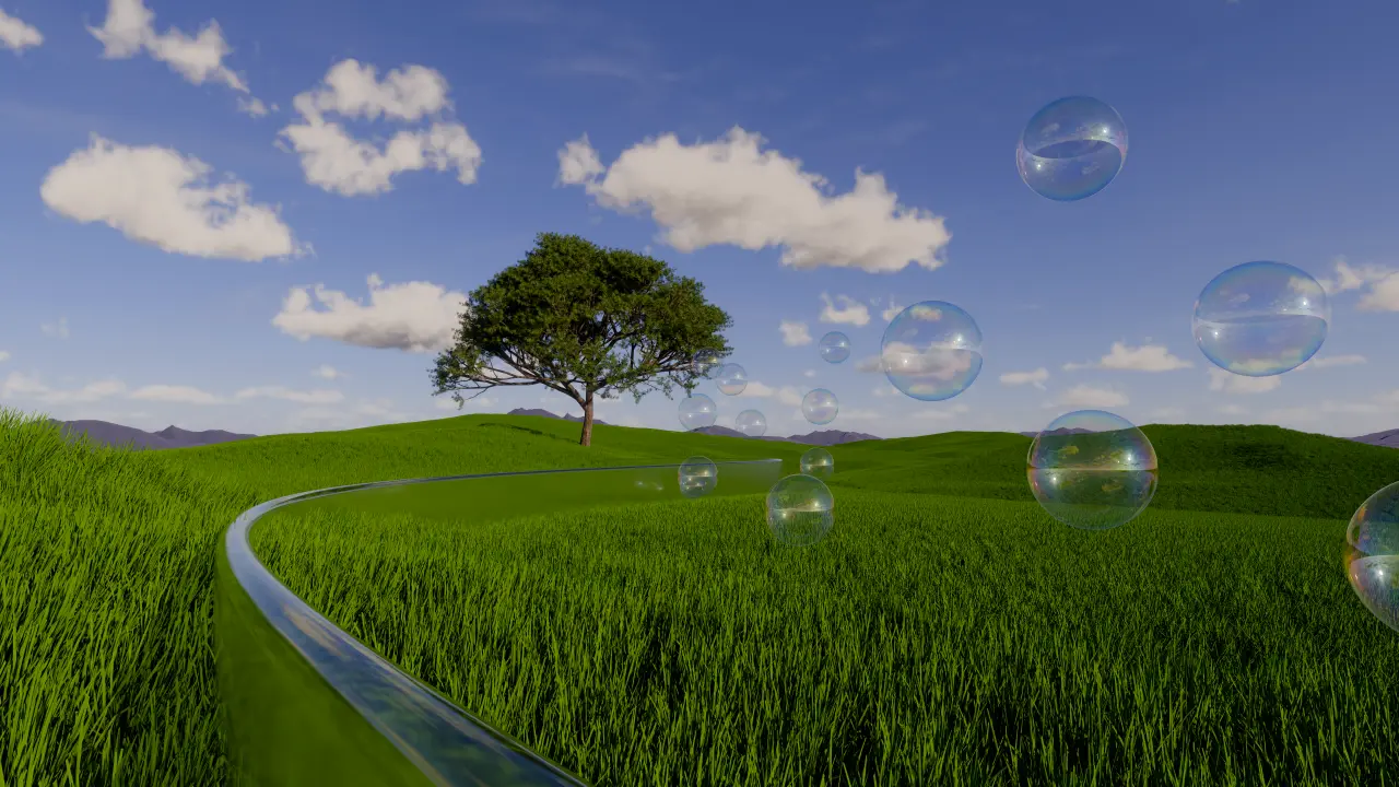 Floating Bubbles Over Meadow – black and green desktop wallpaper, 3840×2160