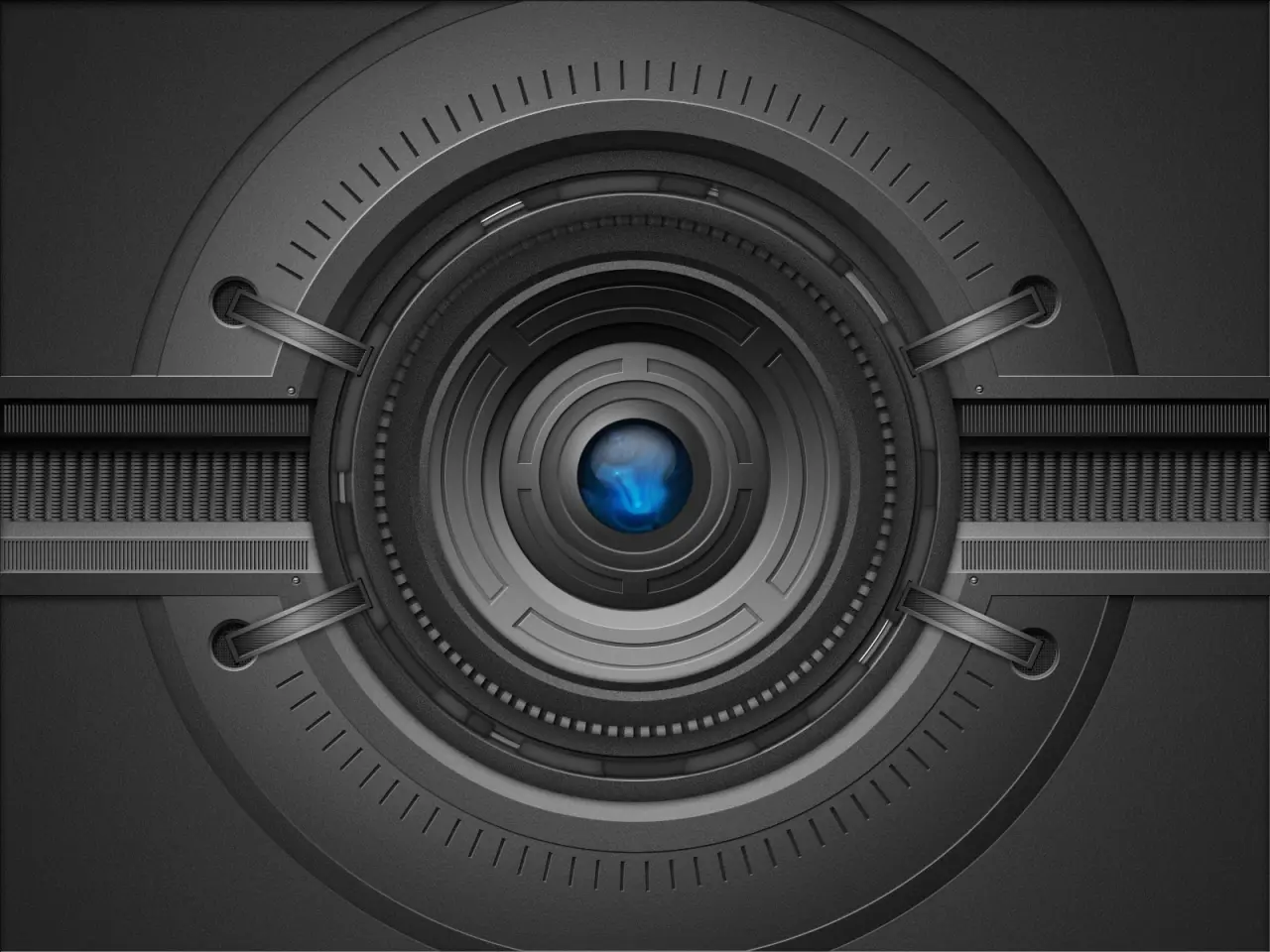 Mechanical Blue Eye – black and grey desktop wallpaper, 1600×1200