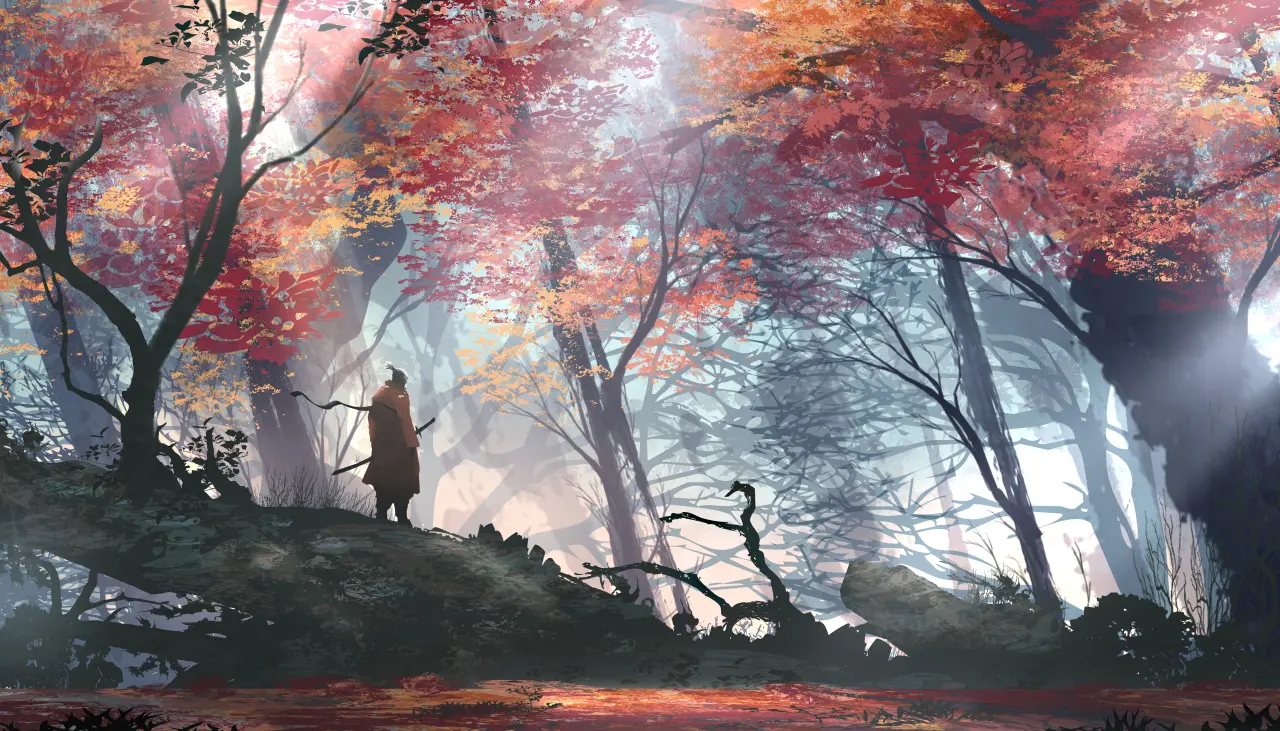 Autumn Journey Through Forest – black and grey desktop wallpaper, 6300×3600