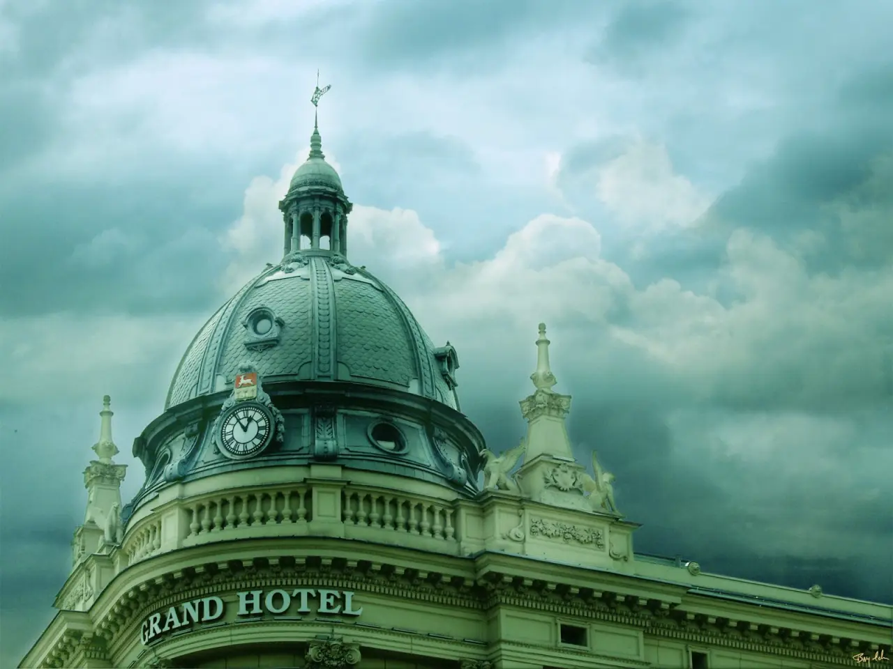 Grand Hotel Dome Under Storm – blue and green desktop wallpaper, 1600×1200