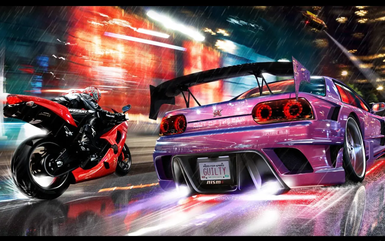 Neon Street Racing Chase – black and grey desktop wallpaper, 1680×1050