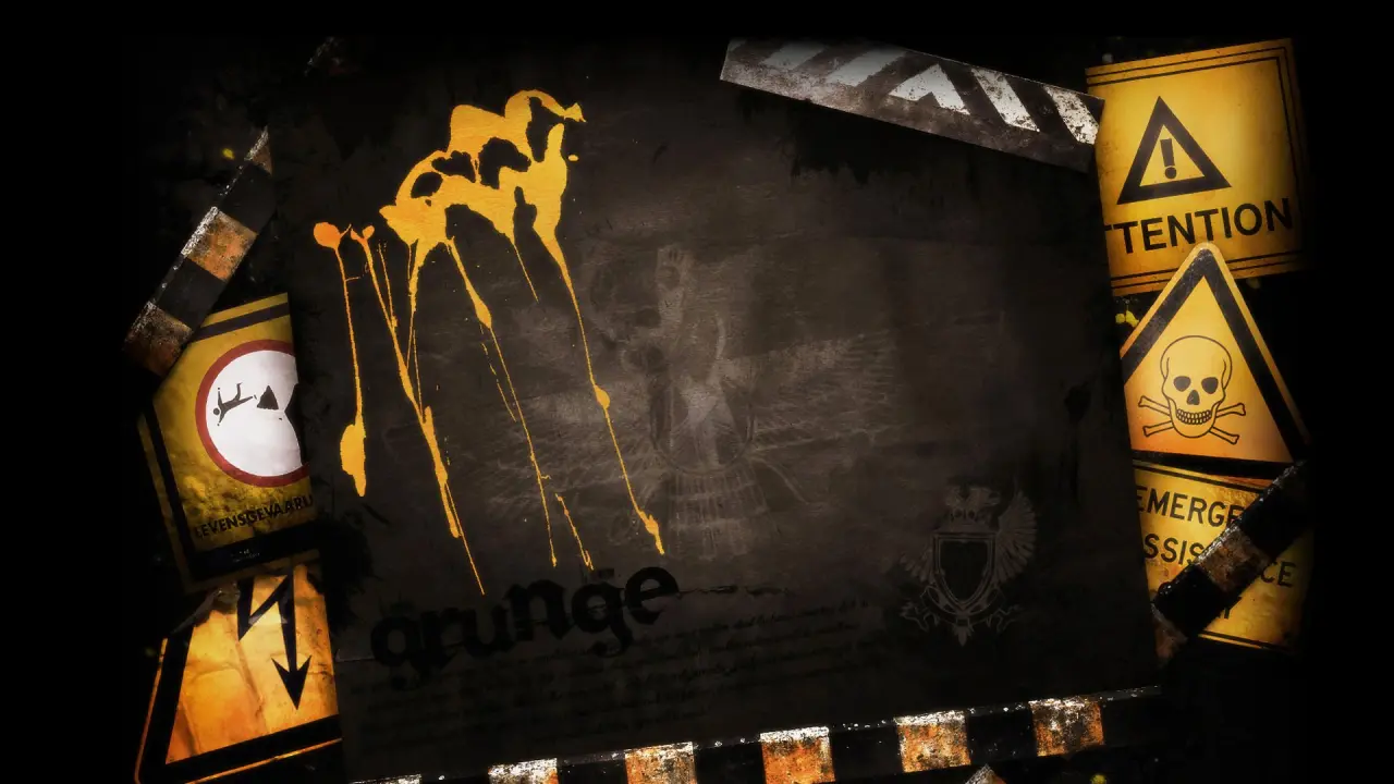 Industrial Grunge Warning Signs – black and brown desktop wallpaper, 1920×1080