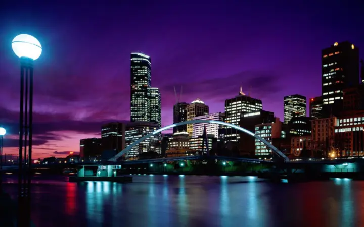 Neon Purple City Skyline as a phone lock screen
