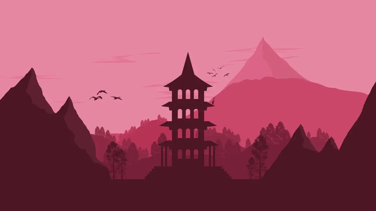 Pink Mountain Pagoda – pink and brown desktop wallpaper, 3840×2160