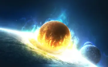 Fiery Planet Collision in Space wallpaper