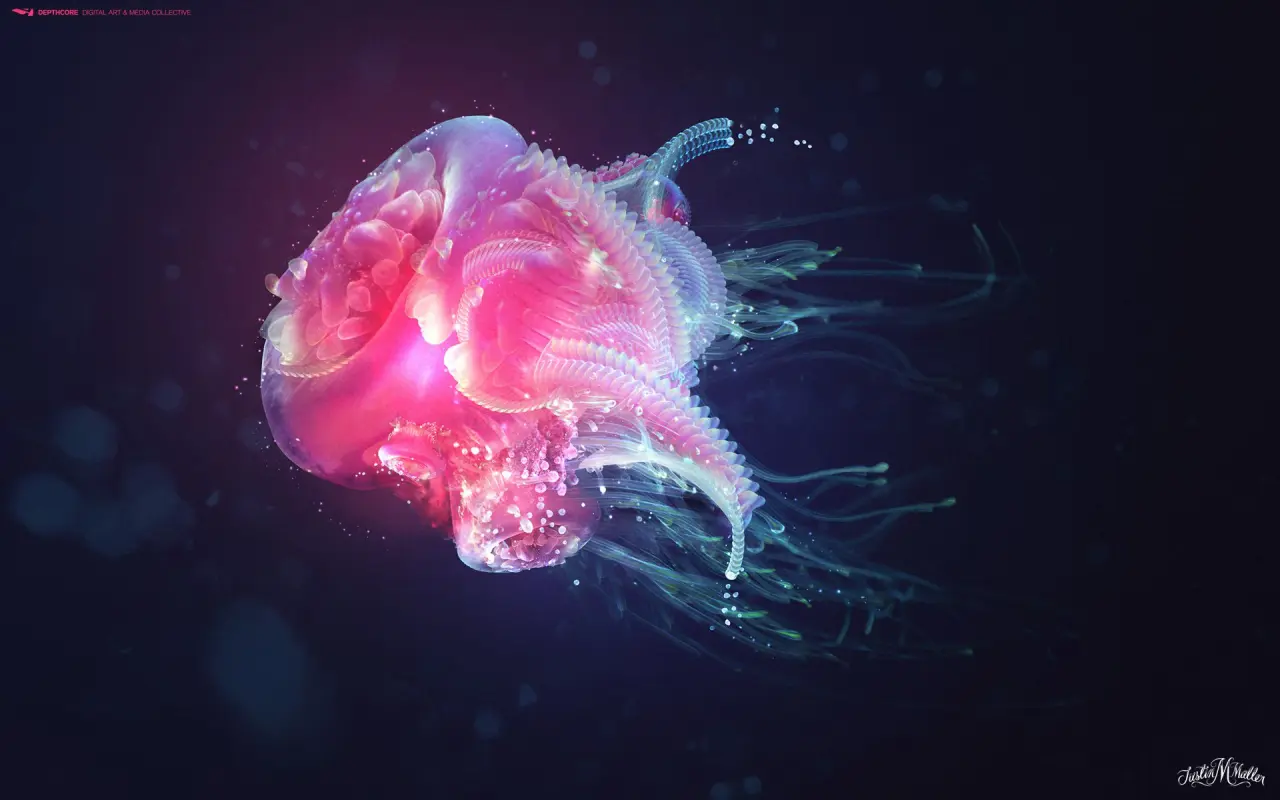 Neon Bioluminescent Jellyfish – black and blue desktop wallpaper, 1920×1200