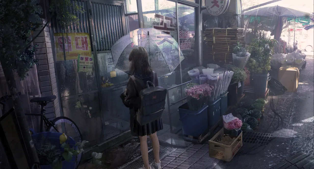 Rainy Afternoon Flower Shop – black and grey desktop wallpaper, 4006×2160