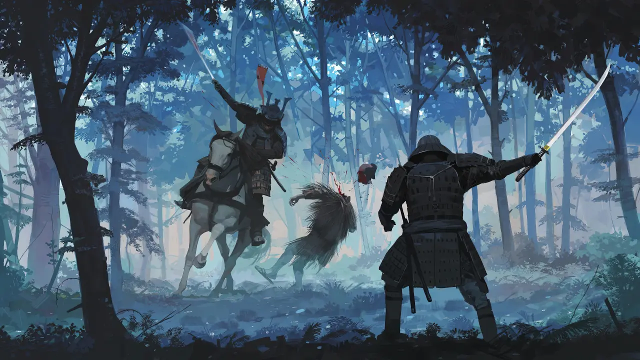 Samurai Battle in the Forest – black and blue desktop wallpaper, 5120×2880
