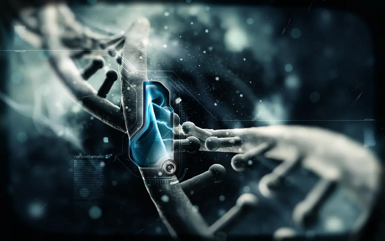 Digital DNA Strand – black and blue desktop wallpaper, 3839×2400