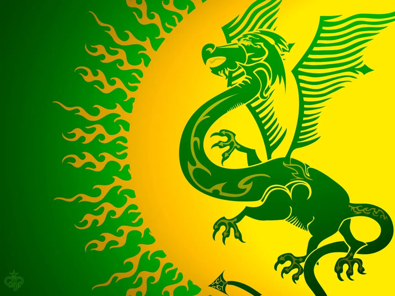 Golden Dragon Sun – green and yellow desktop wallpaper, 1600×1200