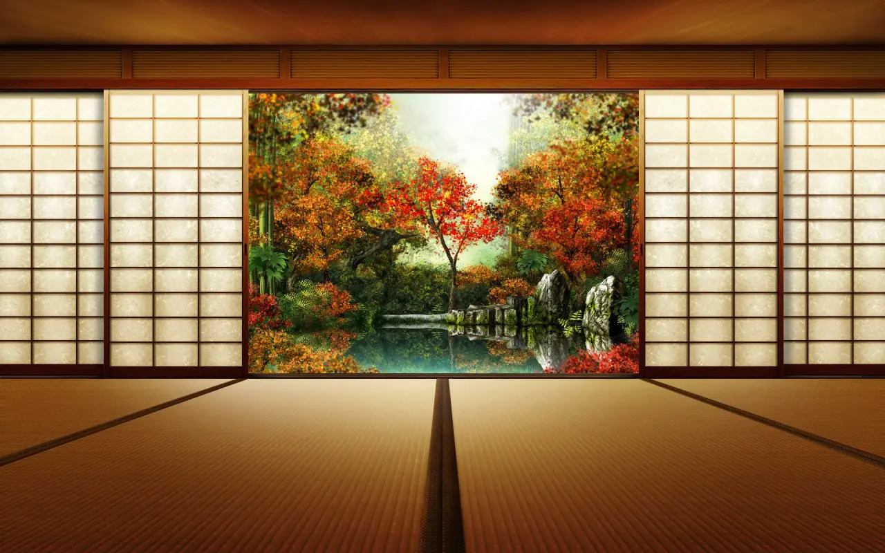 Autumn View Through Shoji – brown and beige desktop wallpaper, 1920×1200