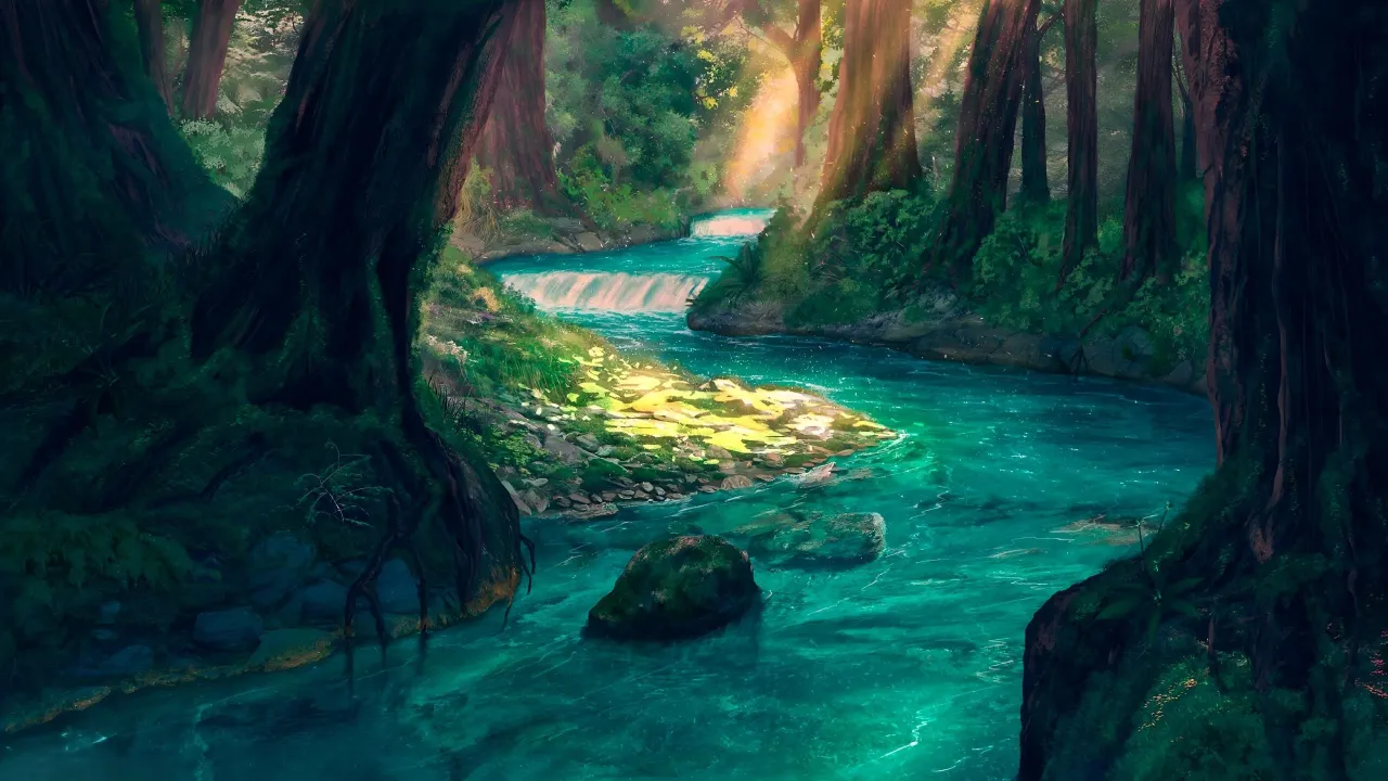 Sunlit Forest River – black and teal desktop wallpaper, 2560×1440