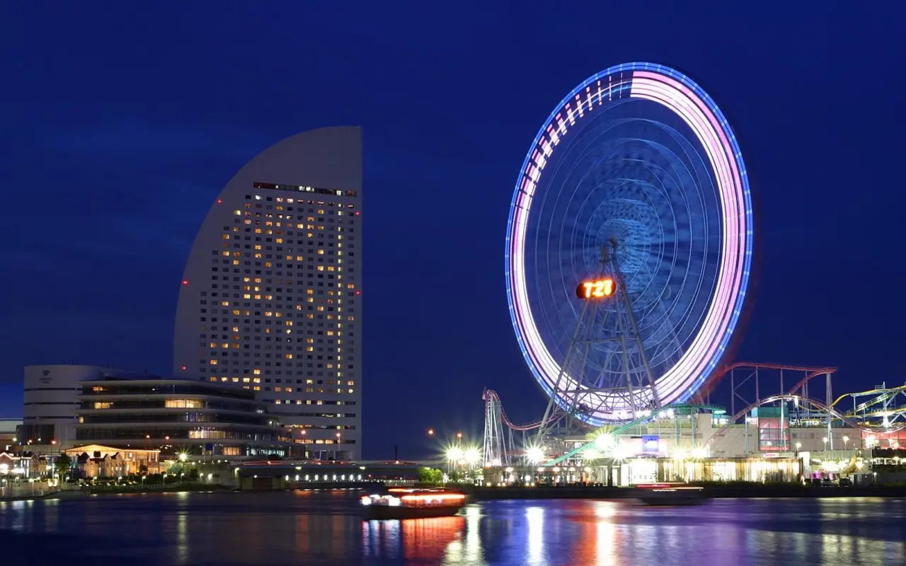 Neon Ferris Wheel At Night – blue and black desktop wallpaper, 1680×1050